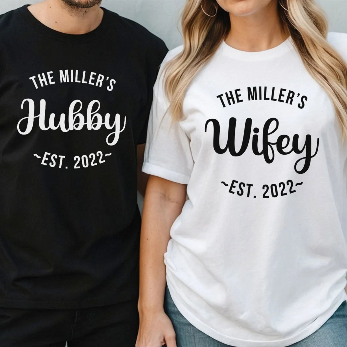 Custom Couples' Tees - 'Wifey & Hubby' - Anniversary or Valentine's Gift - Personalised Design - DENMARY