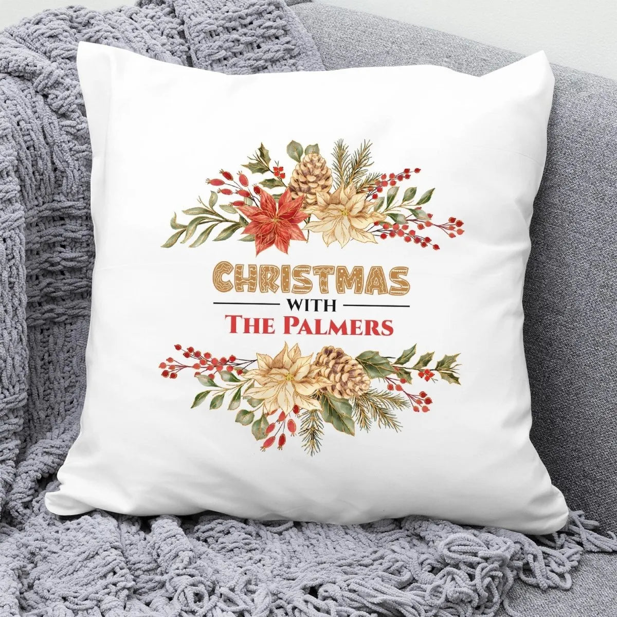 Custom Family Name Christmas Cushion - Festive Home Accent - Unique Present - DENMARY