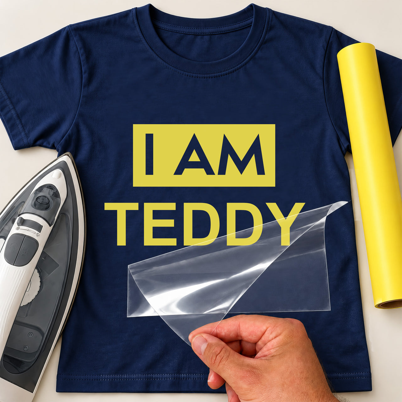 Navy T-shirt with yellow 'I AM TEDDY' lettering, carrier film being peeled off - iron-on vinyl transfer