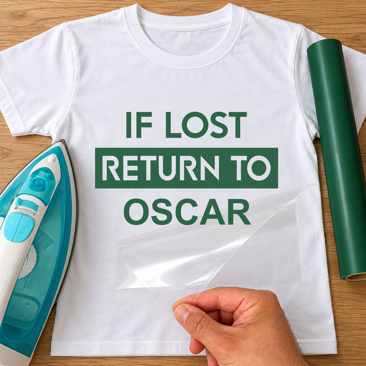 White T-shirt with green 'IF LOST RETURN TO OSCAR' lettering, carrier film being peeled off - iron-on vinyl transfer