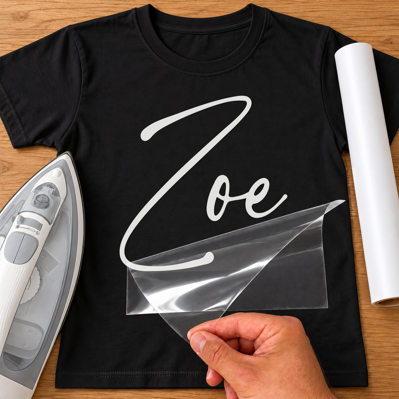 Black T-shirt with large white script name 'Zoe' iron-on transfer, clear film being peeled near an iron and vinyl roll