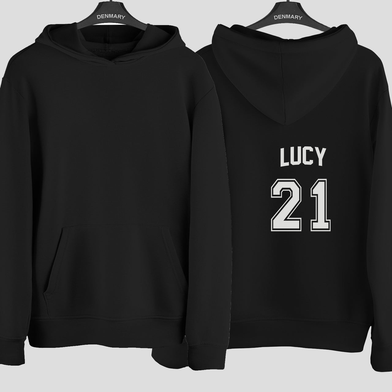 Custom Name & Number Jersey Iron-On Transfer - Birthday Sports Style Design shown on a hoodie