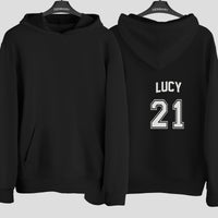 Custom Name & Number Jersey Iron-On Transfer - Birthday Sports Style Design shown on a hoodie