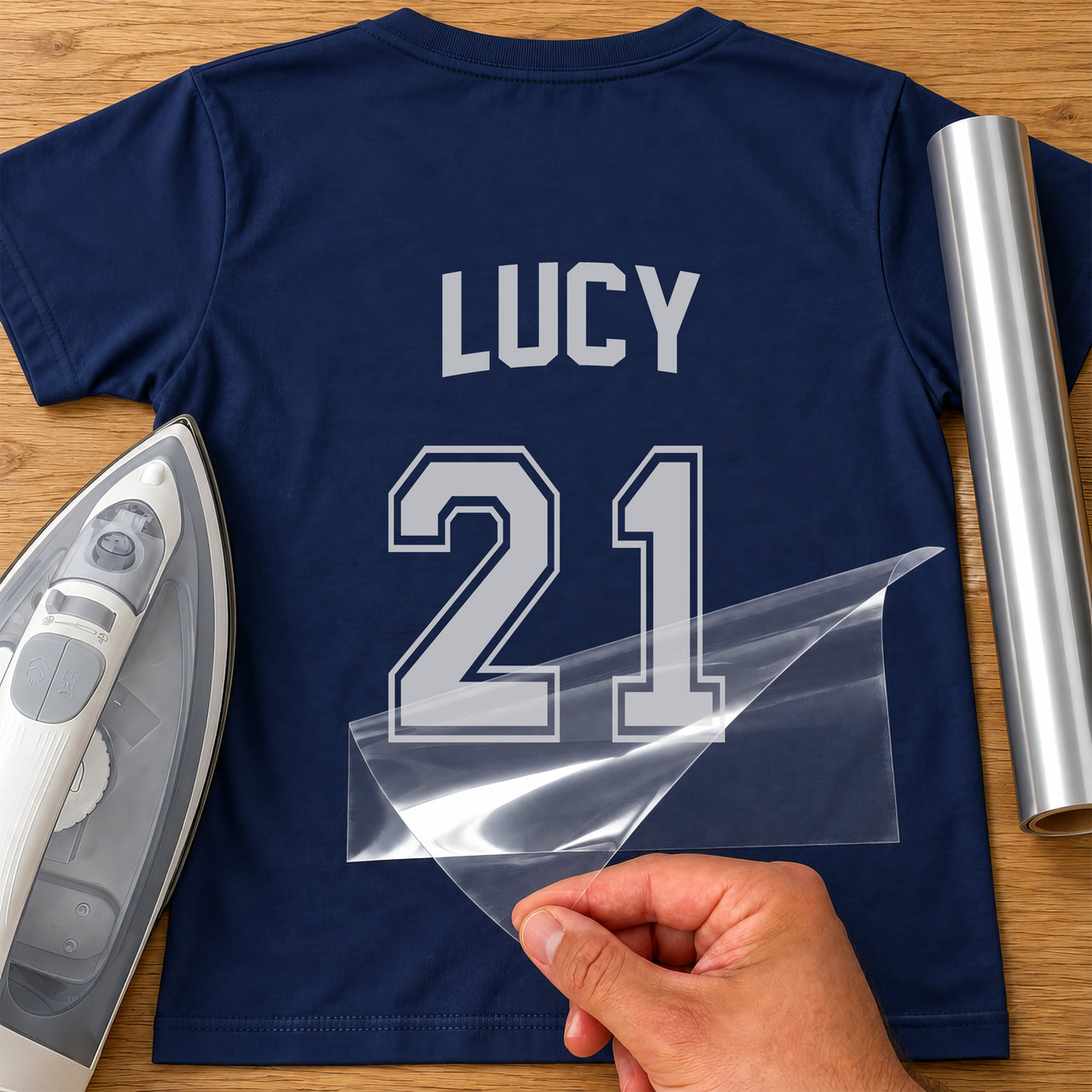 Back of a navy T-shirt with silver 'LUCY' and varsity number '21', custom name and number jersey iron-on transfer