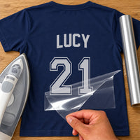 Back of a navy T-shirt with silver 'LUCY' and varsity number '21', custom name and number jersey iron-on transfer