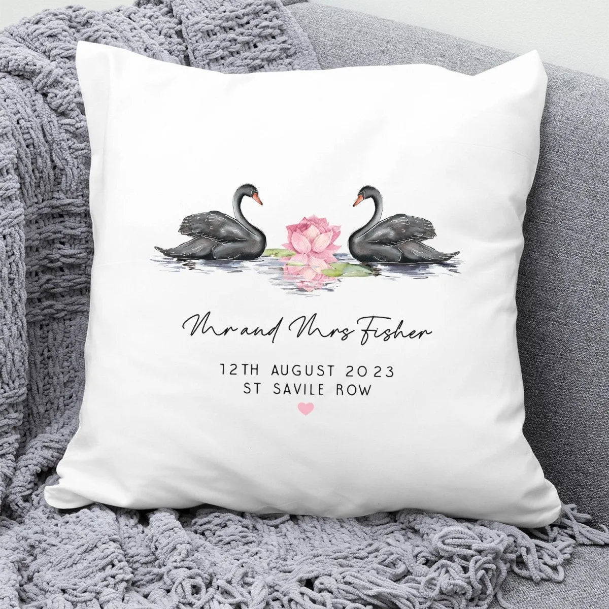 Customisable Black Swan Cushion - Anniversary & Wedding Gift - Romantic Keepsake - DENMARY