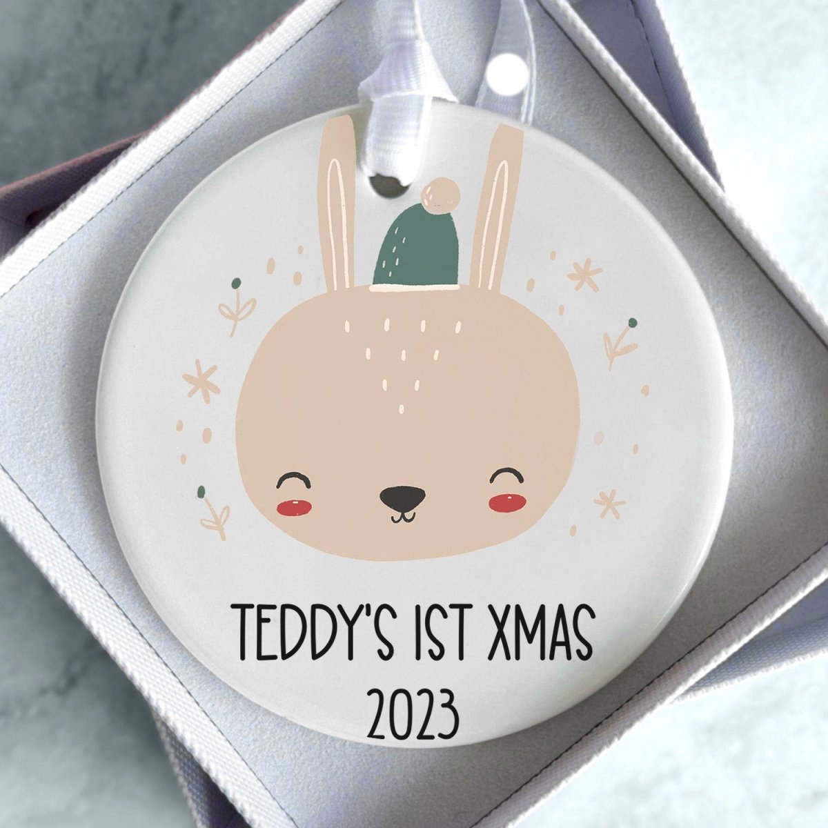 Customised Baby's First Christmas Bauble - Ceramic Bunny - Newborn Keepsake - DENMARY