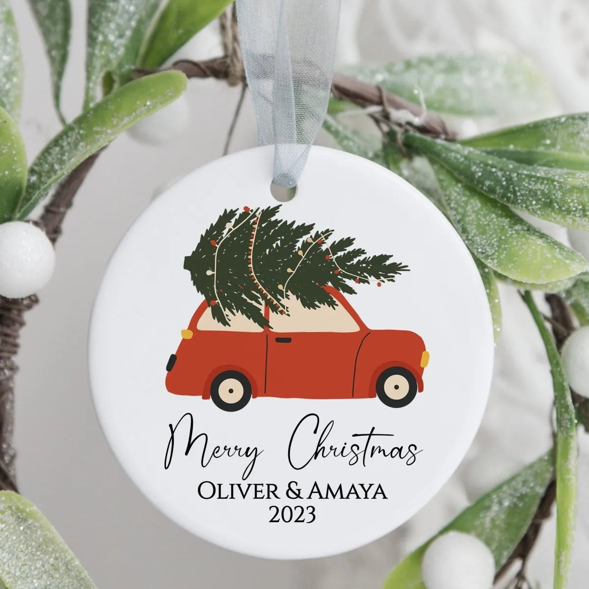 Customised Christmas Ornament - Festive Car Bauble - Round Keepsake Plaque - DENMARY