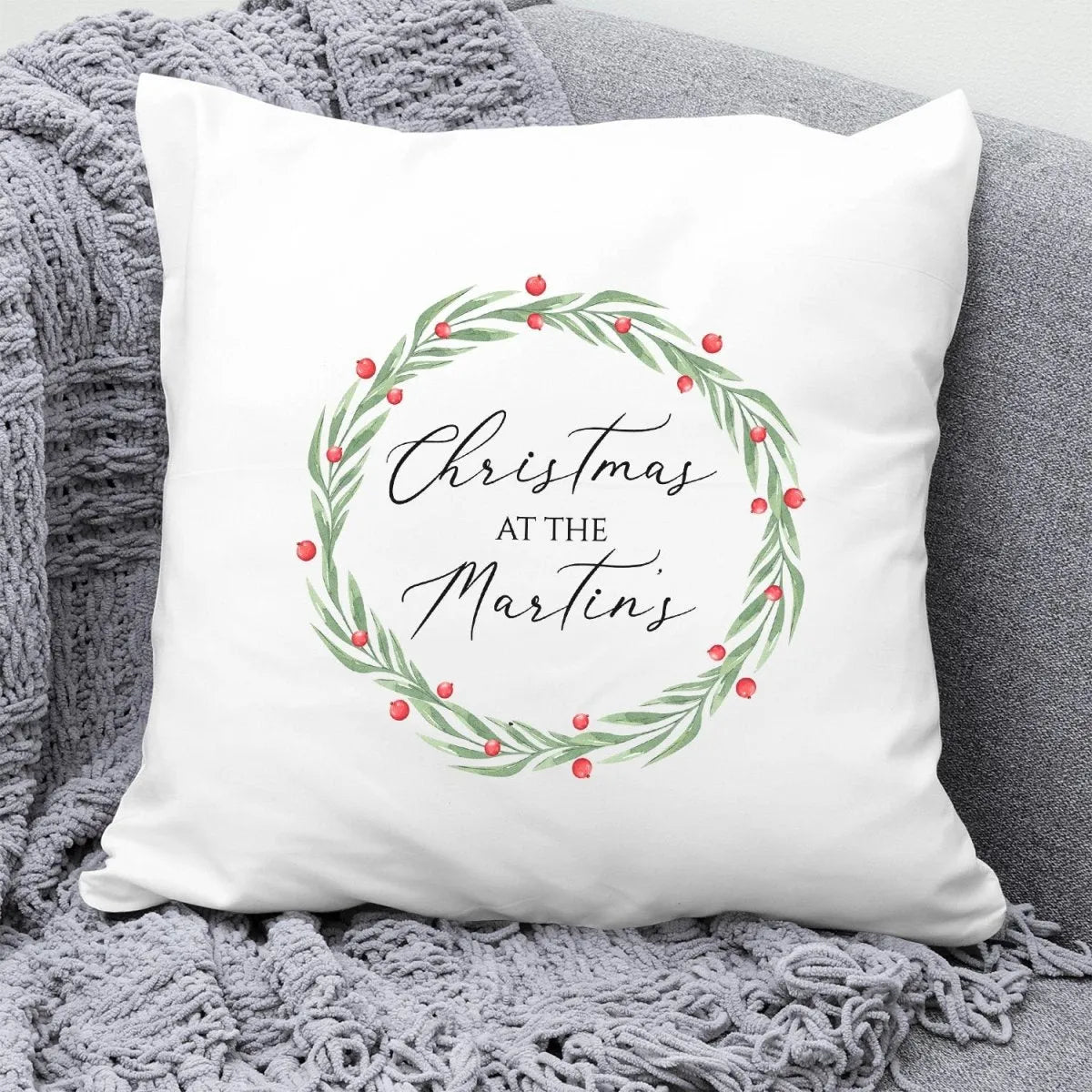 Customised Family Christmas Cushion - Xmas Wreath - Festive Home Decor - DENMARY