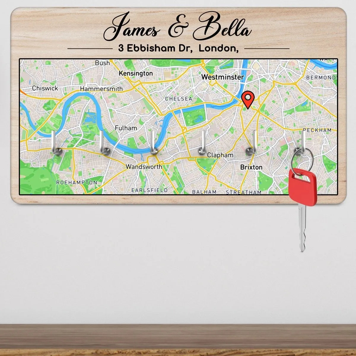 Customised Map Key Rack - Unique Housewarming Present - Wall-Mounted - For Friends & Family - DENMARY