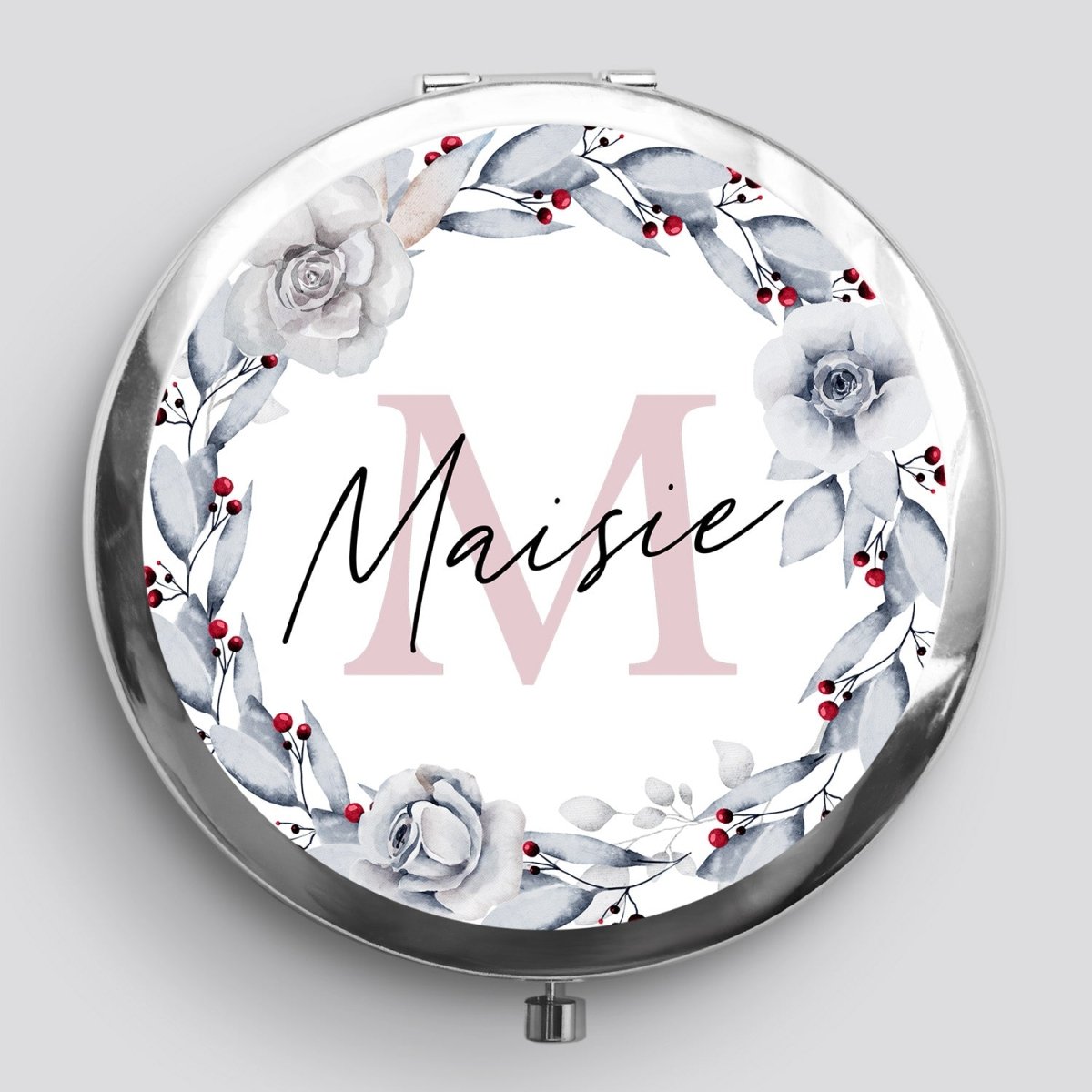 Customised Pocket Mirror - Winter Blossom Wreath - Birthday Gift - Initial Feature - DENMARY