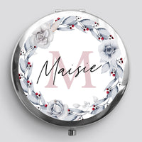 Thumbnail for Customised Pocket Mirror - Winter Blossom Wreath - Birthday Gift - Initial Feature - DENMARY