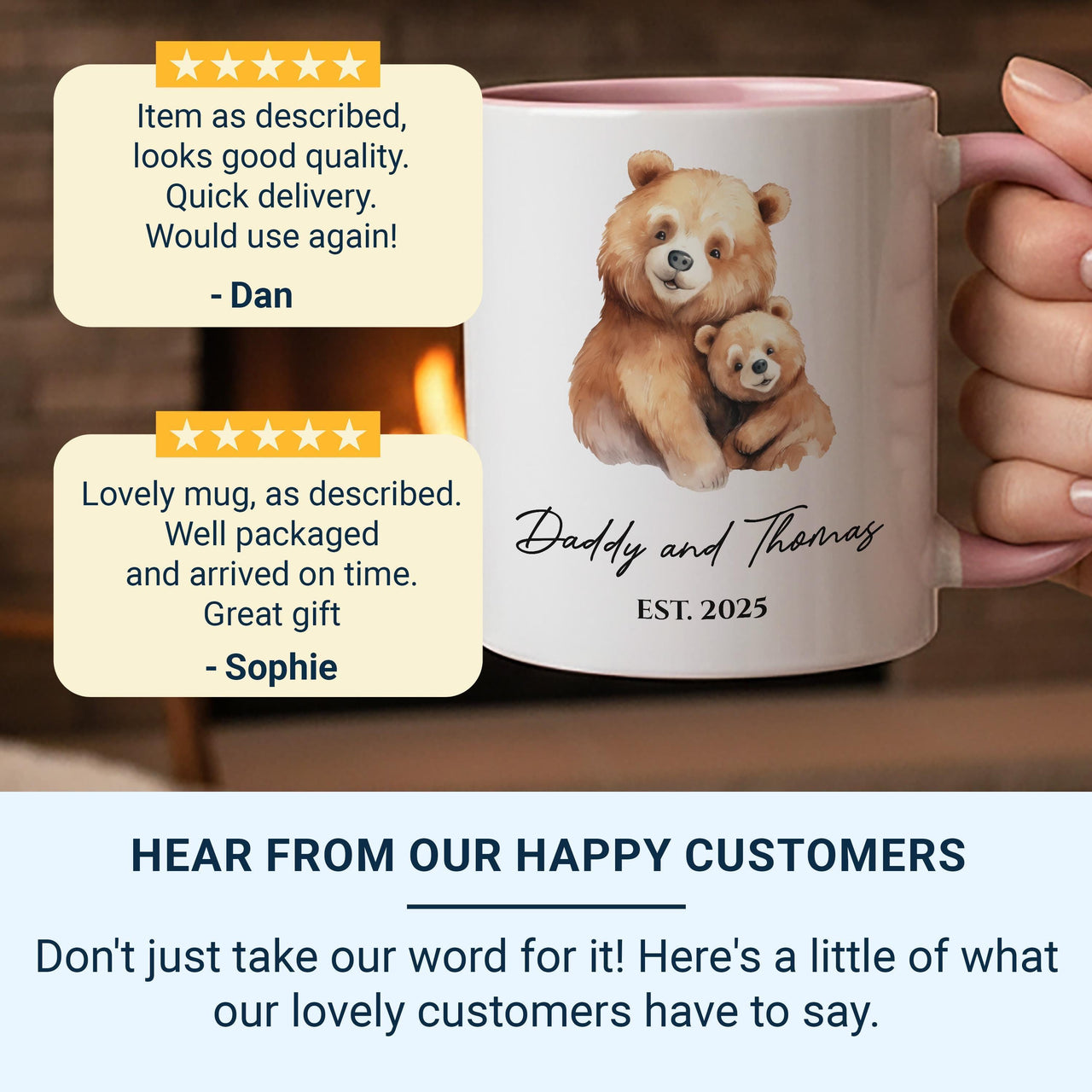 Daddy and Baby Personalised Mug – Names with EST. Year and Watercolour Bears – New Dad, First Father’s Day and Night_Feed Companion