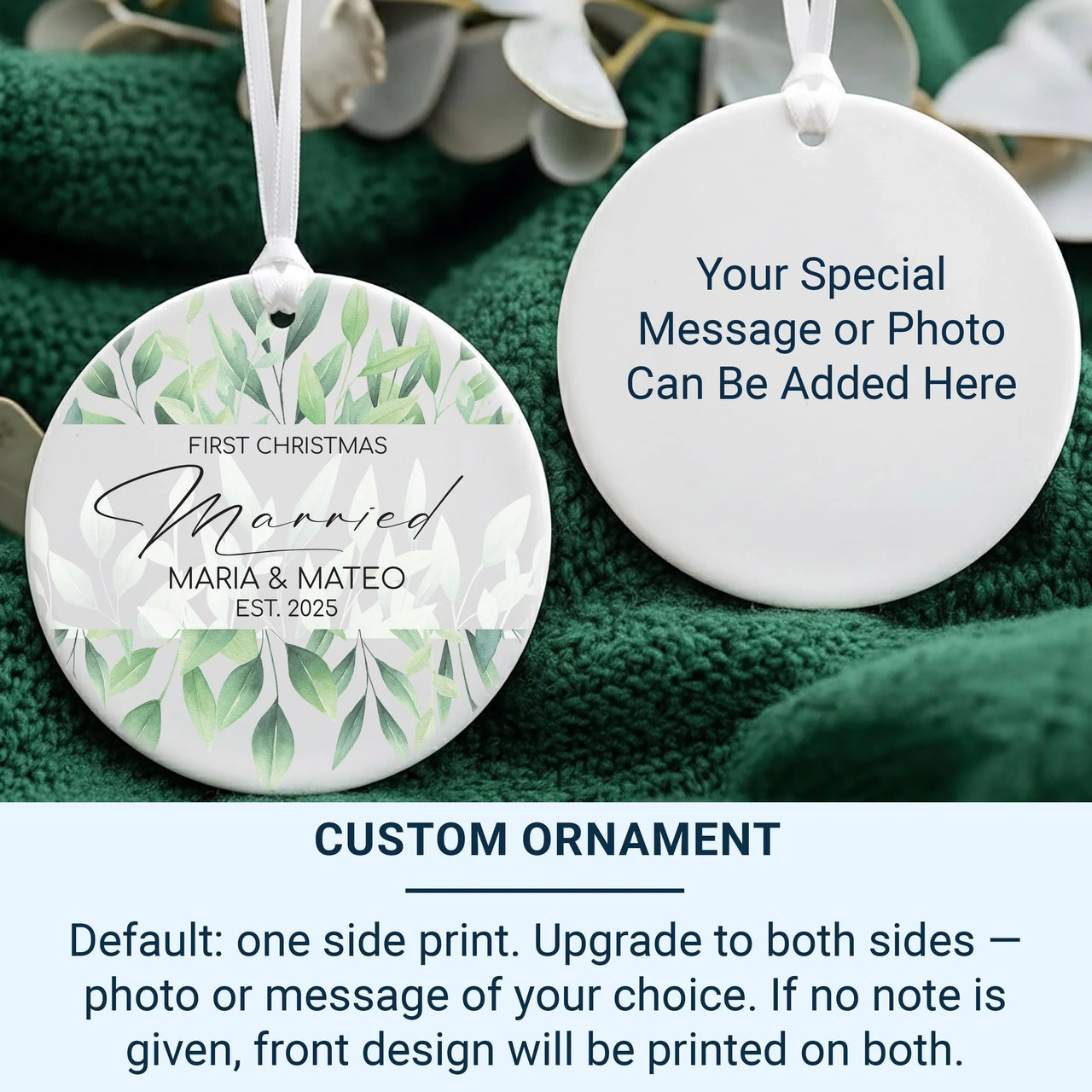 First Christmas Married Ornament - Leafy Keepsake with Names & Year for Newlyweds