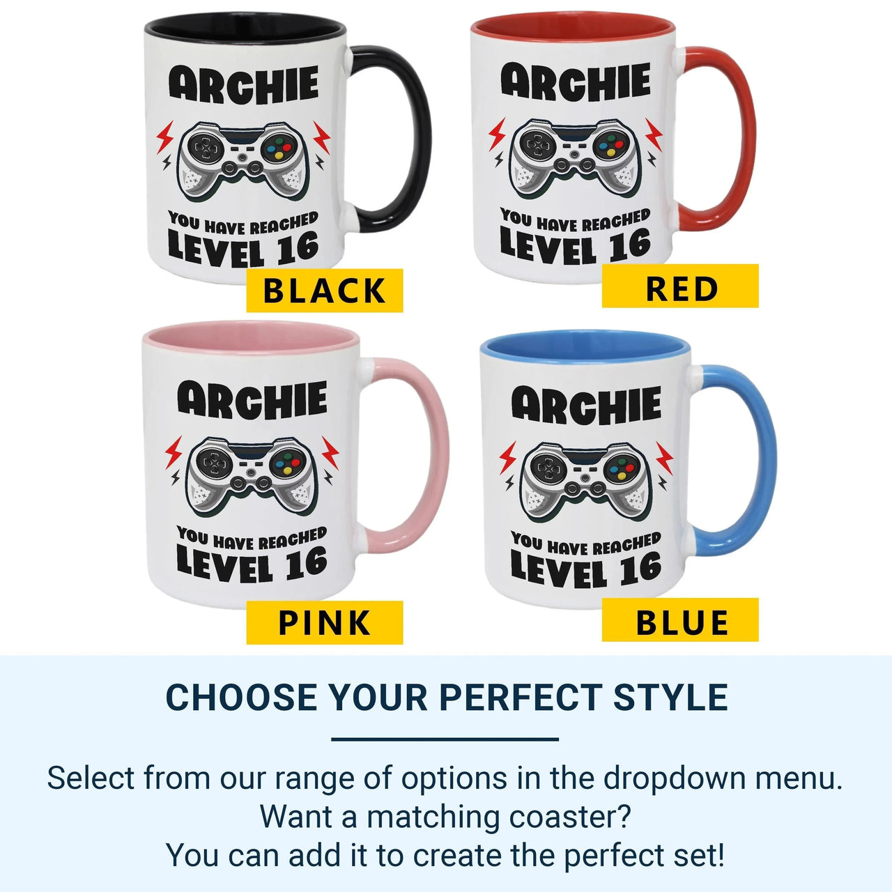 Personalised Gamer Mug – Level 16 Coffee Cup | Custom Name & Age Birthday Gift