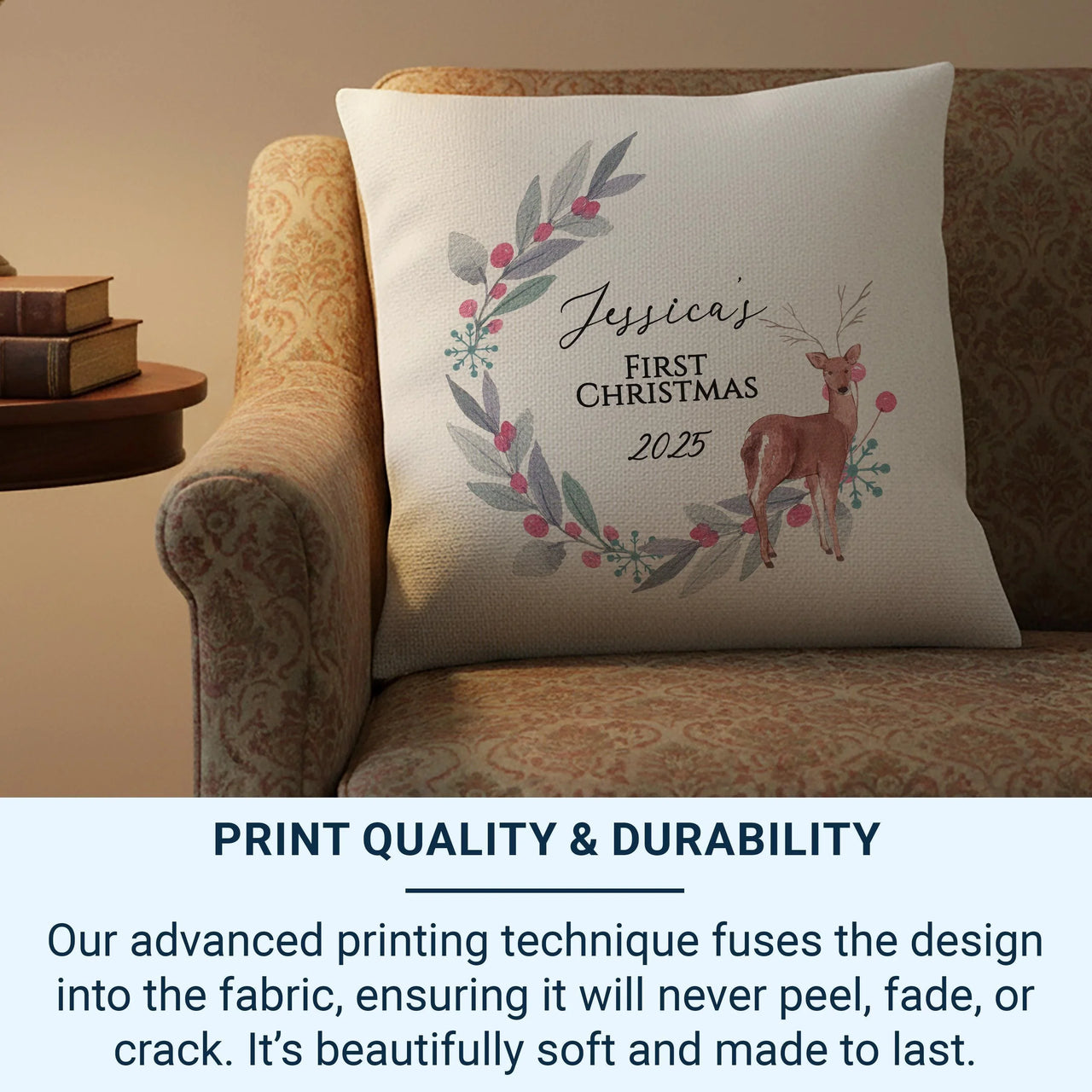Personalised Baby Christmas Cushion – Custom Name Festive Deer Pillow 40cm