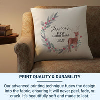 Personalised Baby Christmas Cushion – Custom Name Festive Deer Pillow 40cm