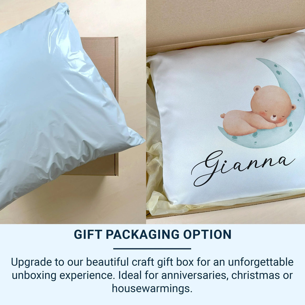 Personalised Baby Cushion - Sleeping Bear on Moon with Name