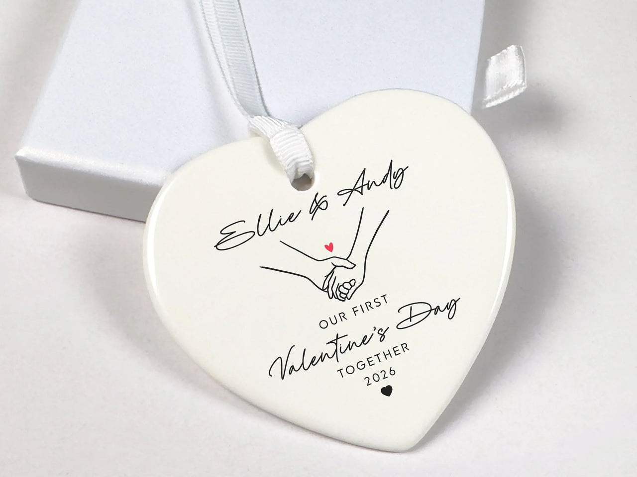 Valentine Heart Ornament - Holding Hands Keepsake with Names & Year 2026 DENMARY
