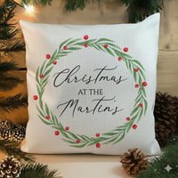 Personalised Family Christmas Cushion - Festive Wreath Design with Family Name
