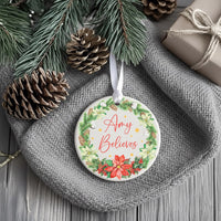 Christmas Believes Ornament - Poinsettia Wreath Keepsake with Name
