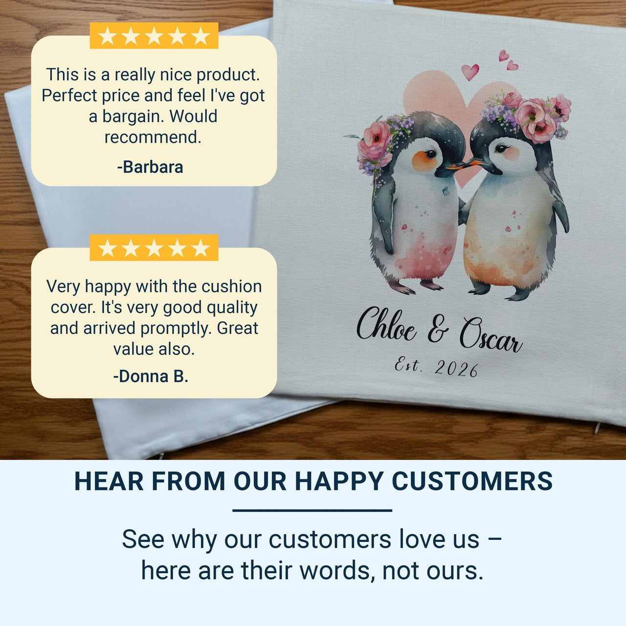 Personalised Penguin Cushion – Romantic Keepsake With Floral Crown Design & Custom Name Pillow