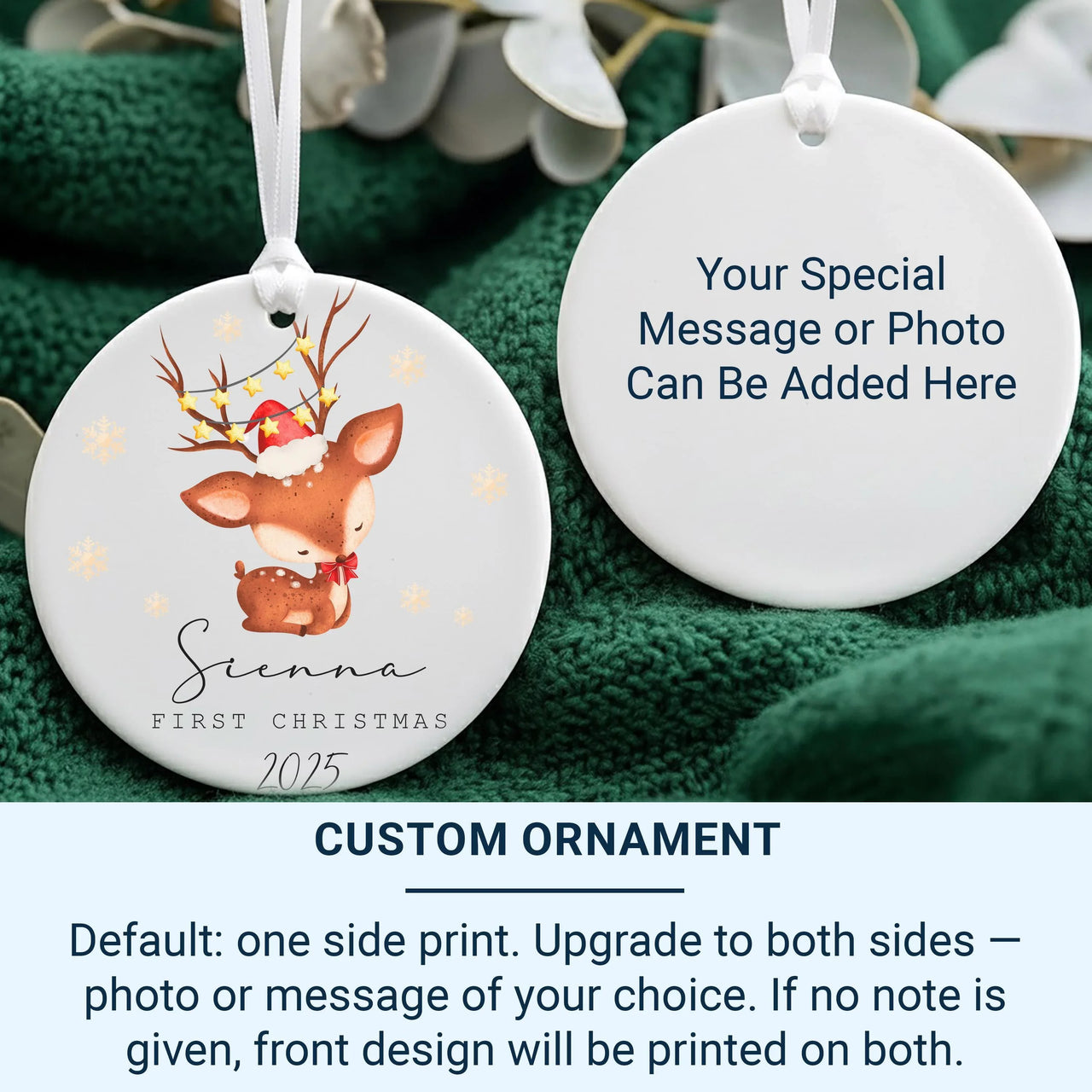 Personalised First Christmas Ornament - Funny Reindeer Ceramic Decoration - Stocking Filler - Baby's Xmas Keepsake - Boy or Girl Gift