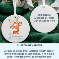 Personalised First Christmas Ornament - Funny Reindeer Ceramic Decoration - Stocking Filler - Baby's Xmas Keepsake - Boy or Girl Gift