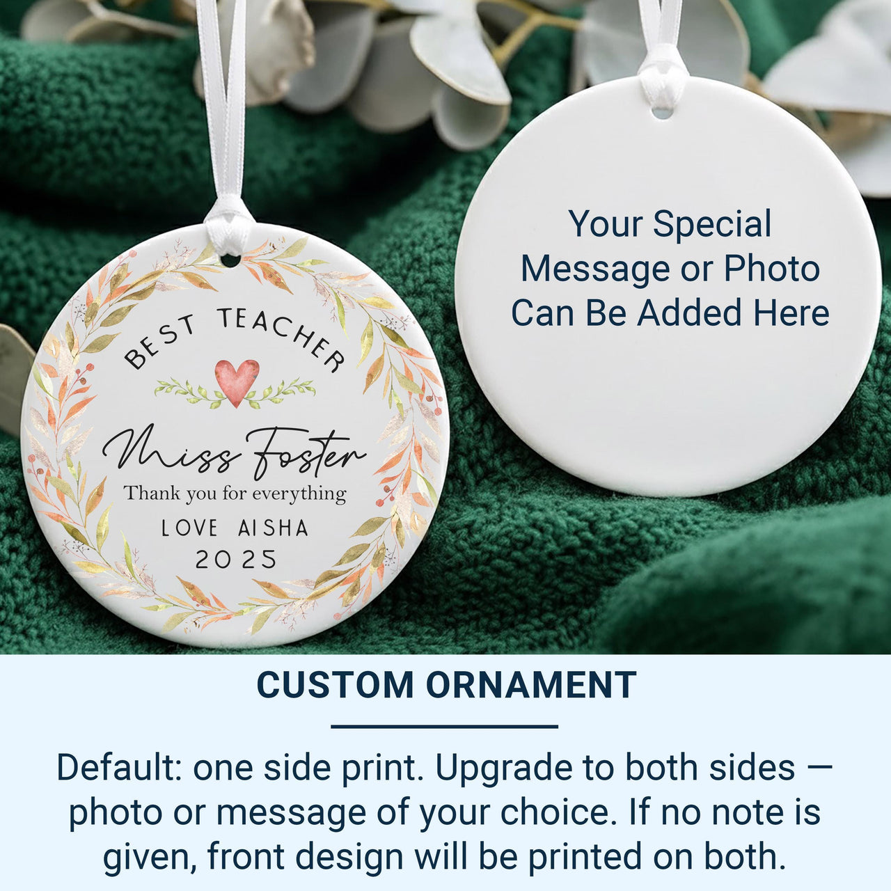 Teacher Thank You Ornament - Floral Keepsake for End of Term & Leaving Gift with Custom Name