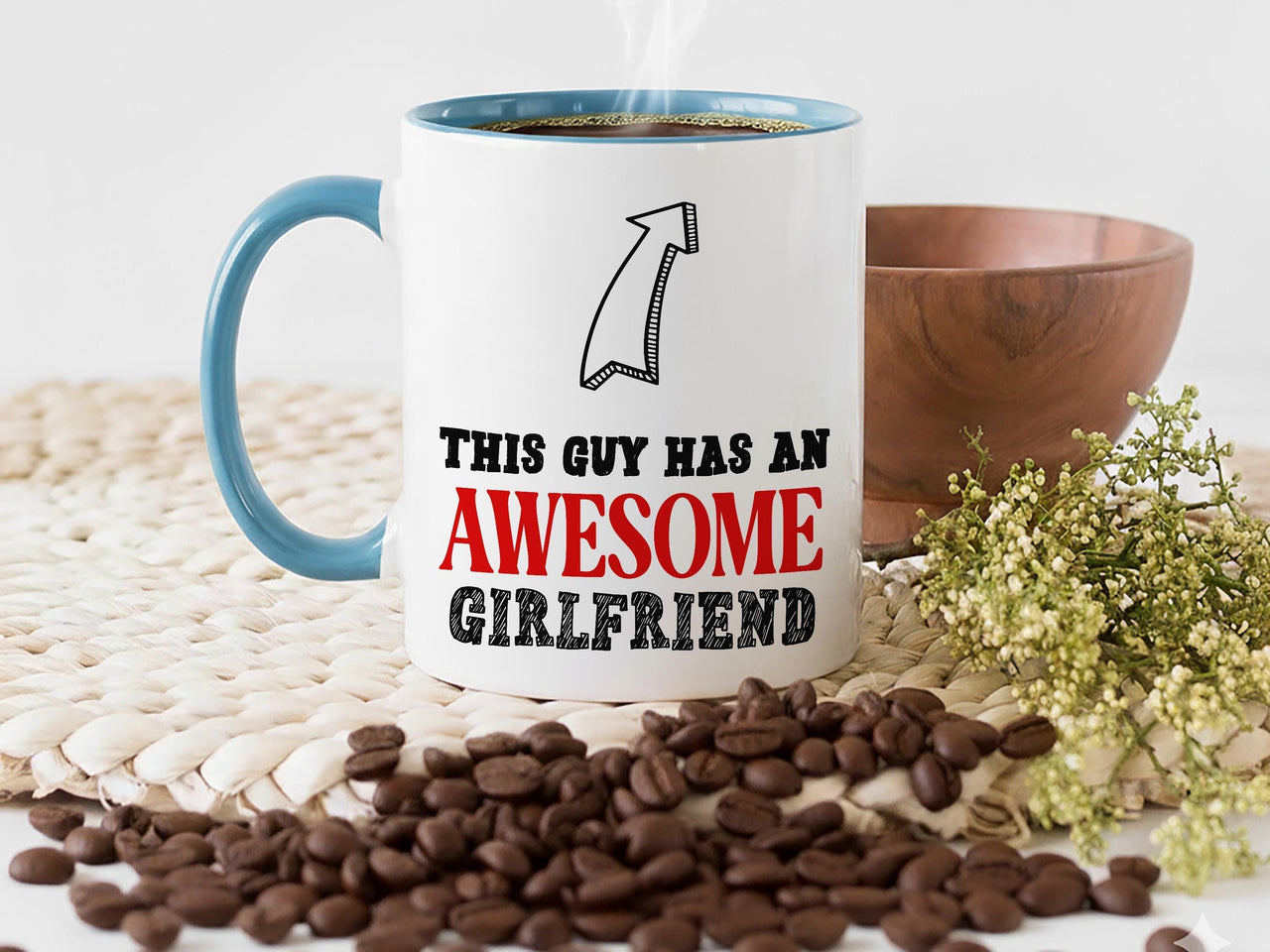 This Guy Has an Awesome Girlfriend Mug – Bold Arrow Graphic – Funny Couples and Valentine Gift for Boyfriend