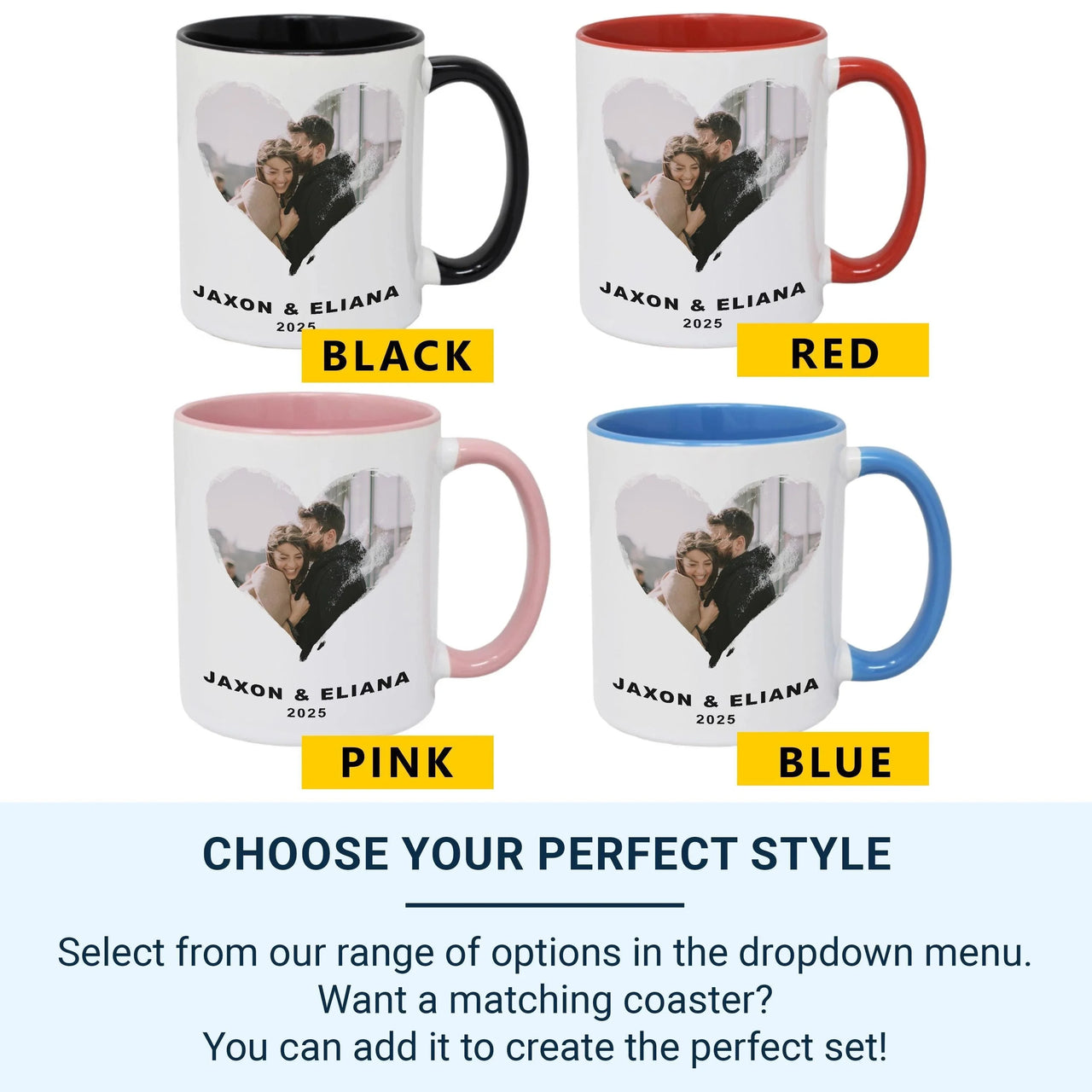 Personalised Couple Mug – Custom Photo Heart Frame with Names and Year – Anniversary Gift