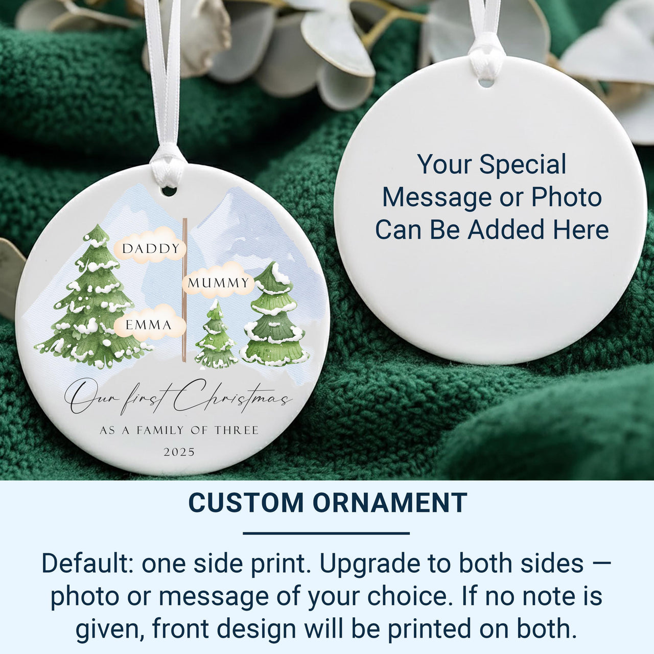 First Christmas as Family of Three Ornament, Personalised Xmas Bauble, Best Gift for Family, Present for Parents, Christmas Tree Decoration