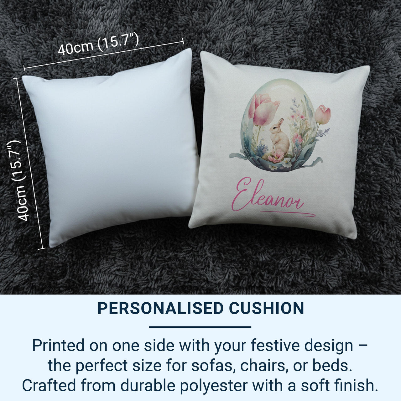 Personalised Easter Rabbit Cushion with Name - Pastel Floral Egg Design for a Sweet Spring Keepsake
