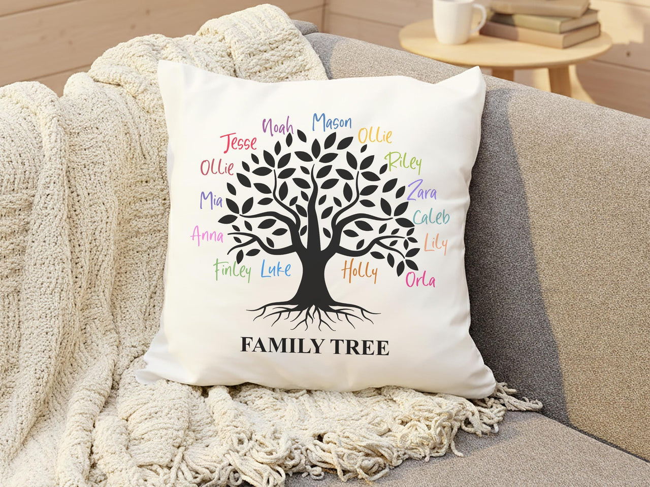 Personalised Family Tree Cushion, Gift for Christmas or Birthday, Retirement Present, Anniversary Pillow Case, Home Decor, Family Quote