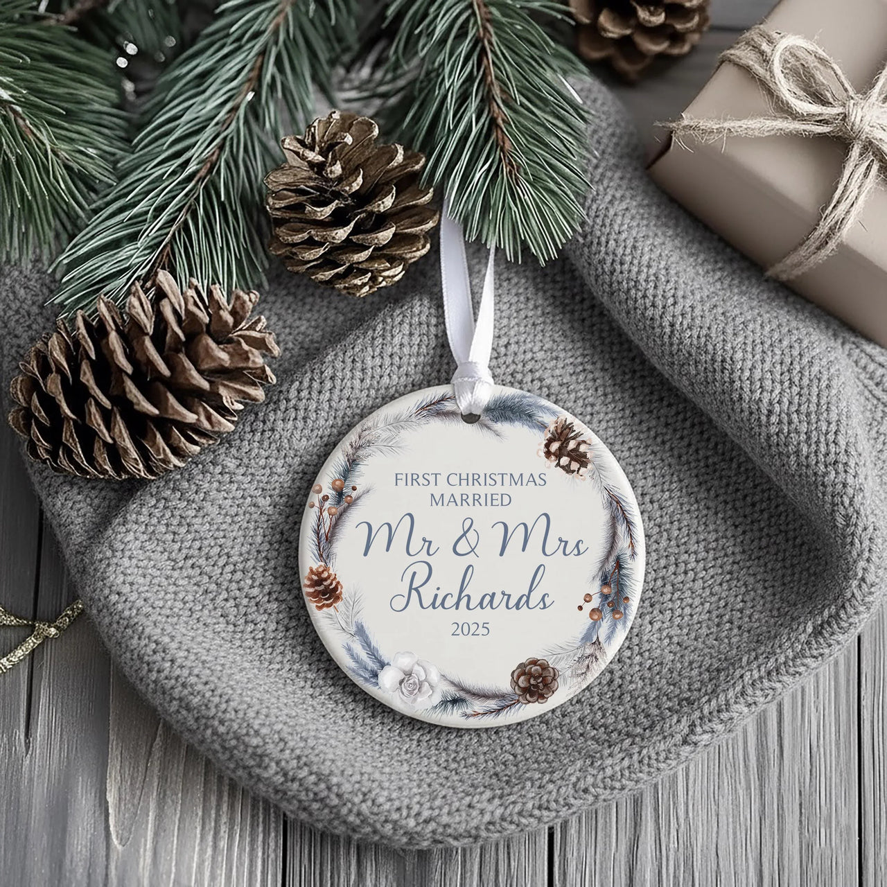 First Christmas Married Personalised Ornament | Just Married Keepsake | Custom Mr and Mrs Bauble | Round Christmas Decoration | Couple Gift