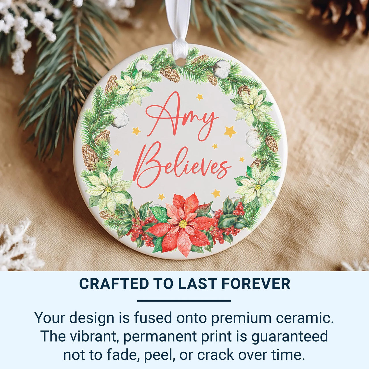 Christmas Believes Ornament - Poinsettia Wreath Keepsake with Name