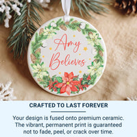 Christmas Believes Ornament - Poinsettia Wreath Keepsake with Name