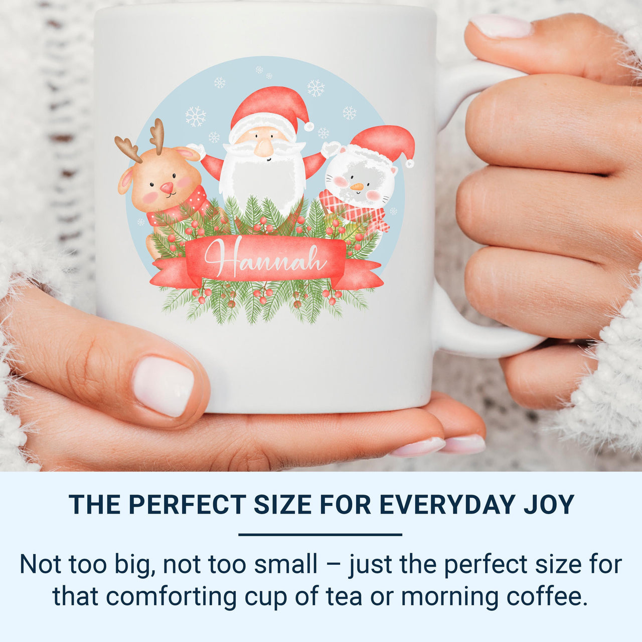 Personalised Christmas Name Mug – Santa, Reindeer and Festive Cat Scene with Ribbon – Family Holiday Morning Keepsake