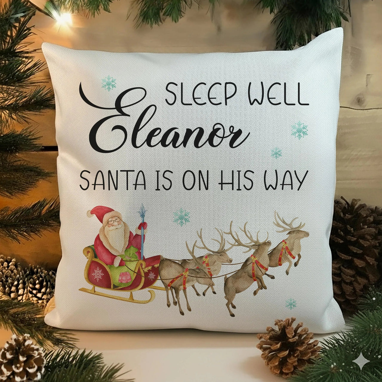 Personalised Christmas Cushion – Santa Sleigh Cushion with Custom Name & Plush Pillow