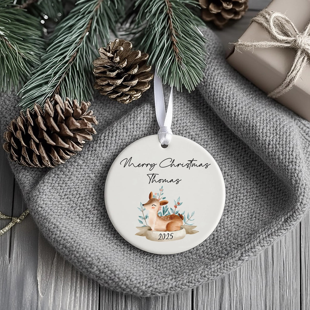 Deer Ornament - Woodland Keepsake with Name & Year for Classic Christmas Tree