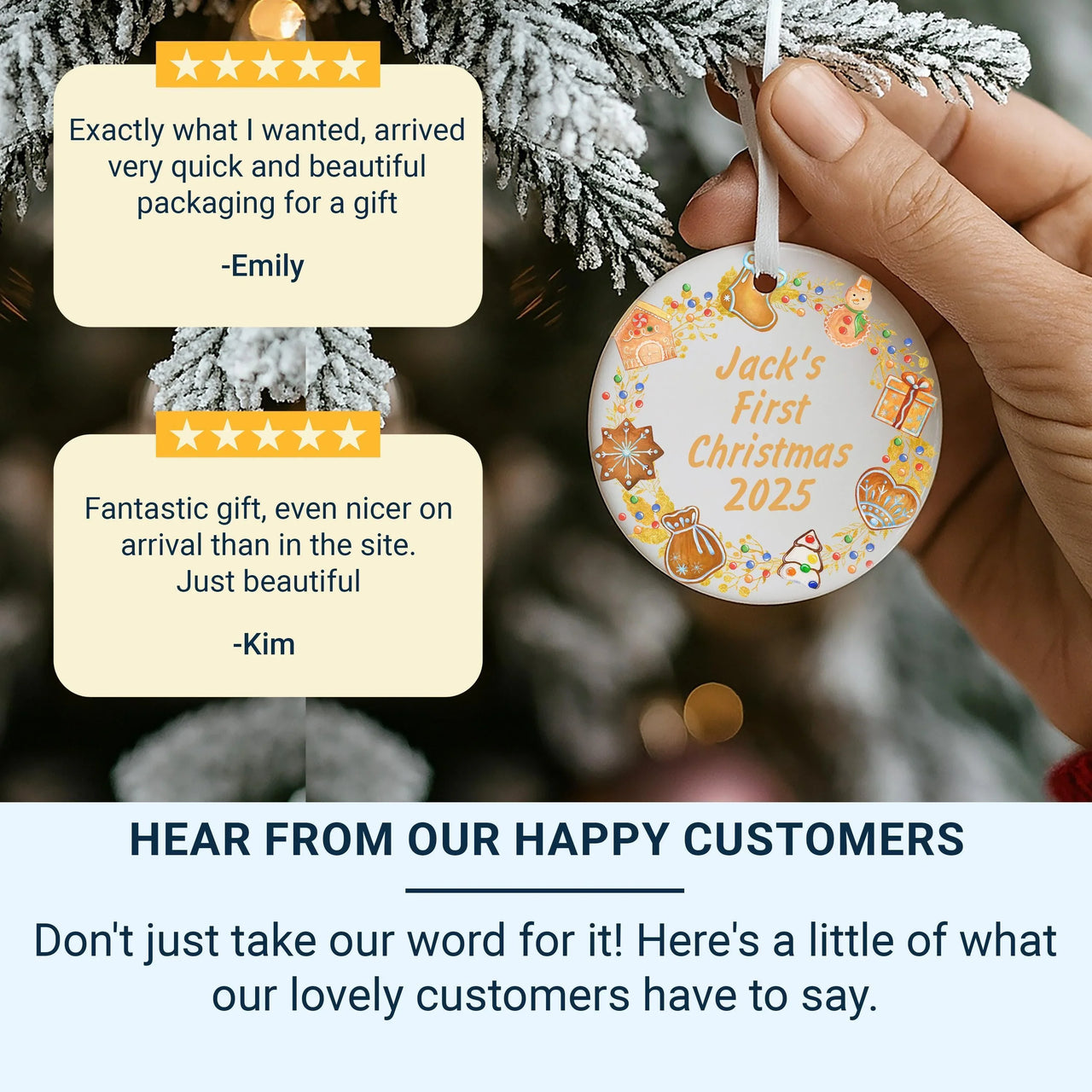 Baby First Christmas Ornament - Festive Icons Keepsake with Name & Year for Newborns