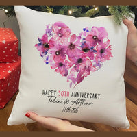 50th Anniversary Cushion – Personalised Sofa Cushion With Floral Heart Design
