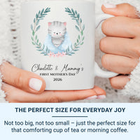 Personalised Mothers Day Mug – First Mothers Day Gift with Cats in Floral Wreath