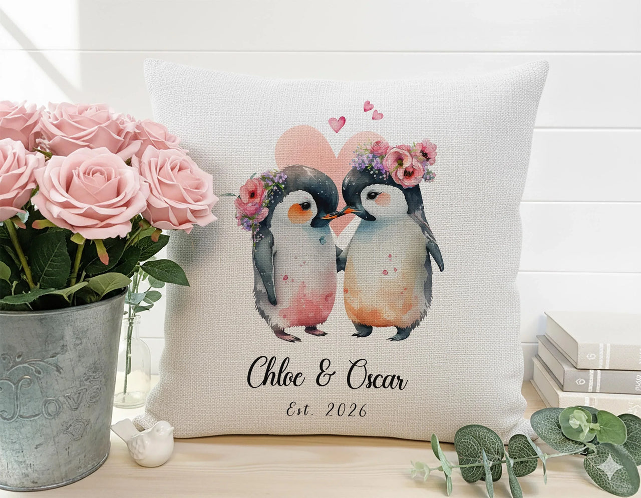 Personalised Penguin Cushion – Romantic Keepsake With Floral Crown Design & Custom Name Pillow
