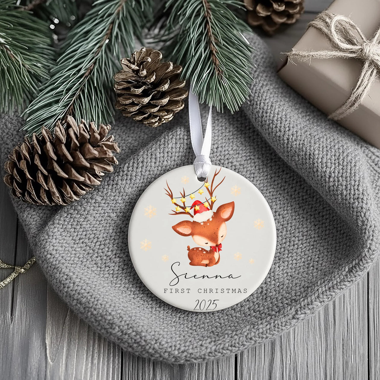 Personalised First Christmas Ornament - Funny Reindeer Ceramic Decoration - Stocking Filler - Baby's Xmas Keepsake - Boy or Girl Gift