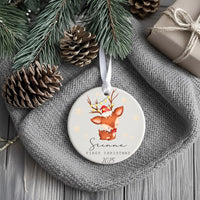 Personalised First Christmas Ornament - Funny Reindeer Ceramic Decoration - Stocking Filler - Baby's Xmas Keepsake - Boy or Girl Gift