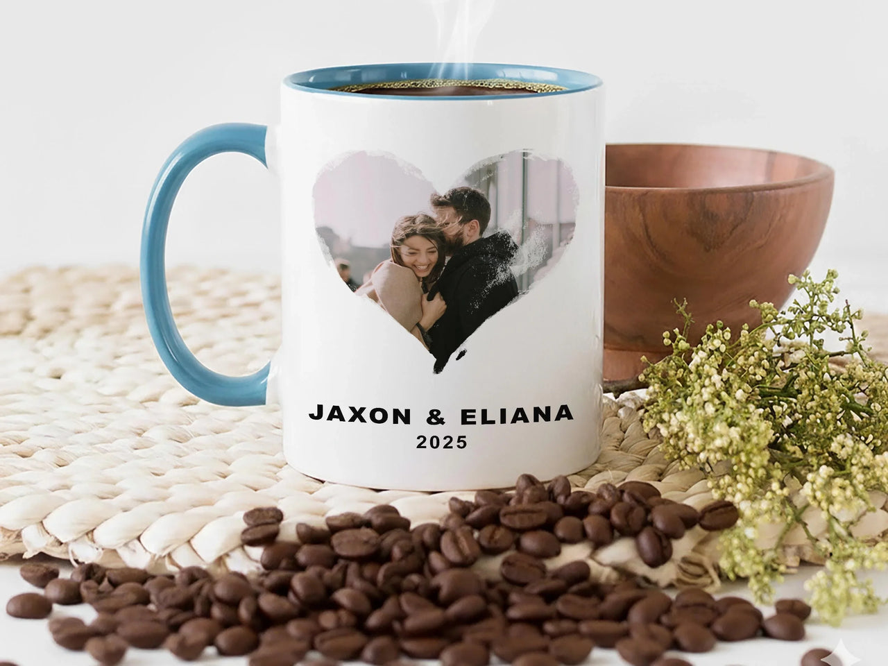 Personalised Couple Mug – Custom Photo Heart Frame with Names and Year – Anniversary Gift