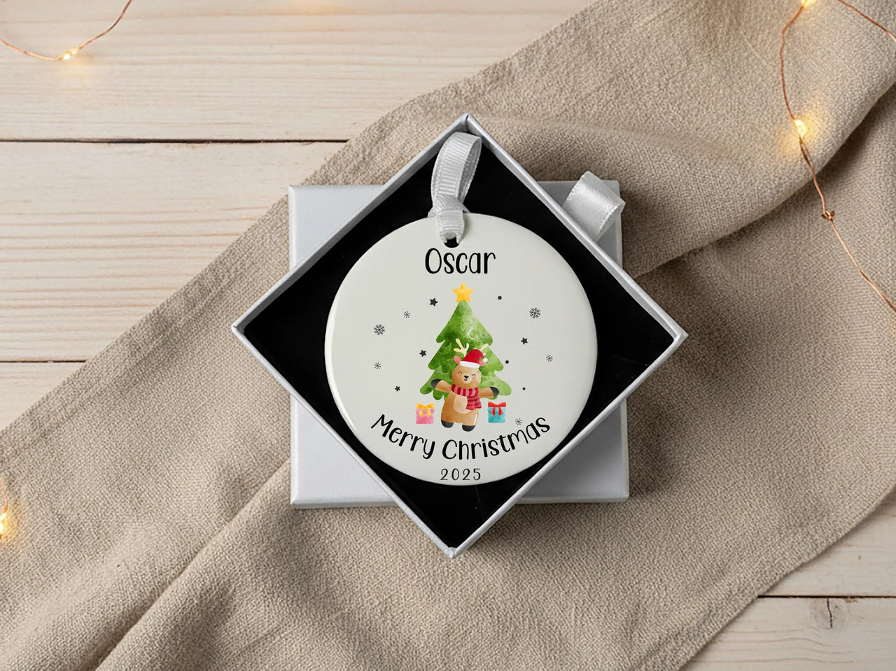 Personalised Christmas Ornament - Cute Reindeer and Xmas Tree Bauble - Ceramic Christmas Keepsake for Kids - Unique Christmas Eve Box Filler