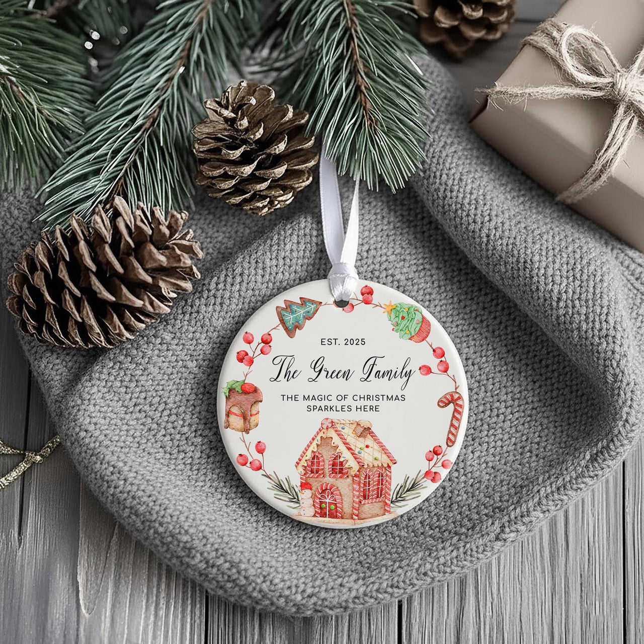 Family Christmas Ornament 2025 - Gingerbread & Festive Motto with Surname