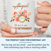Happy Retirement Personalised Mug – “Time to Relax” Clock and Florals with Name – Office Leaving, Farewell Party and New_Chapter Gift